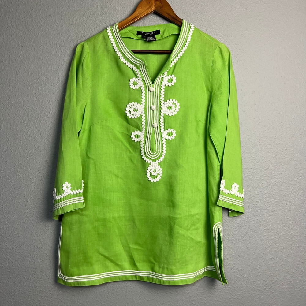 Etcetera Womens Linen Tunic Top Lime Green White Asian Flowy Embellished Size 6